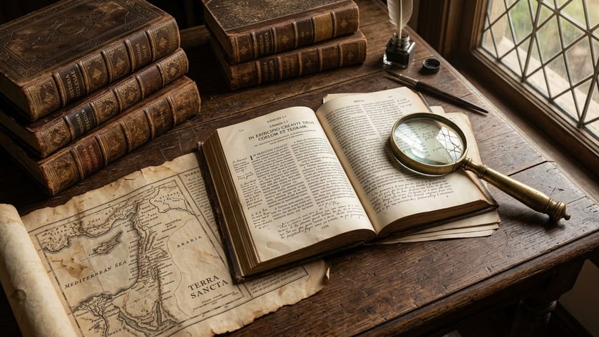 Livro antigo aberto com lupa de latão sobre mesa de madeira, ao lado de pena e tinteiro.