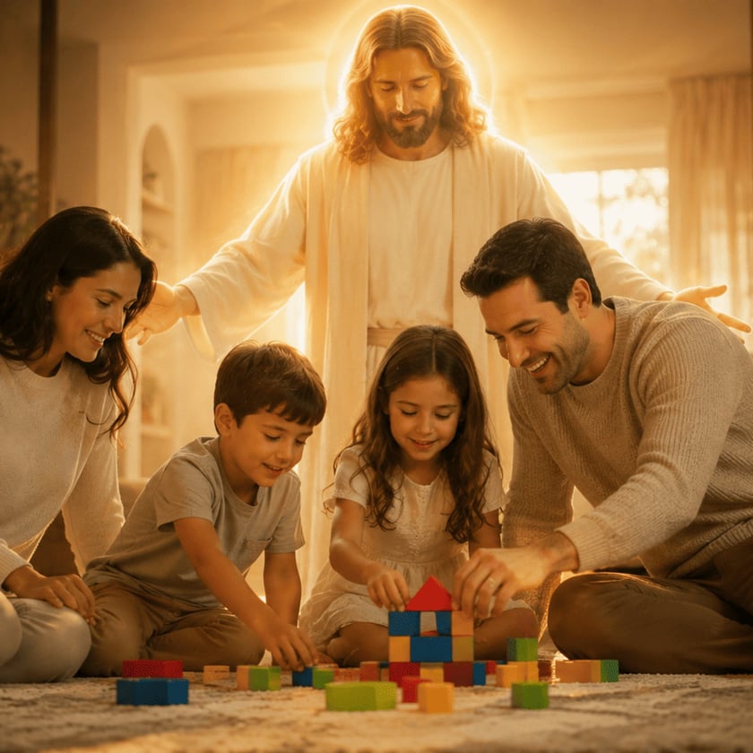 Figura luminosa de túnica branca abre os braços sobre família brincando com blocos coloridos