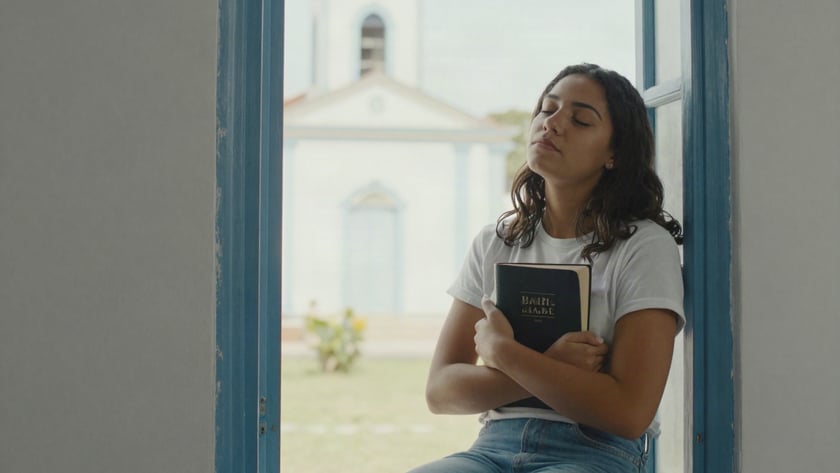 Mulher sentada na janela, de olhos fechados, abraça uma Bíblia; ao fundo, uma igreja branca.