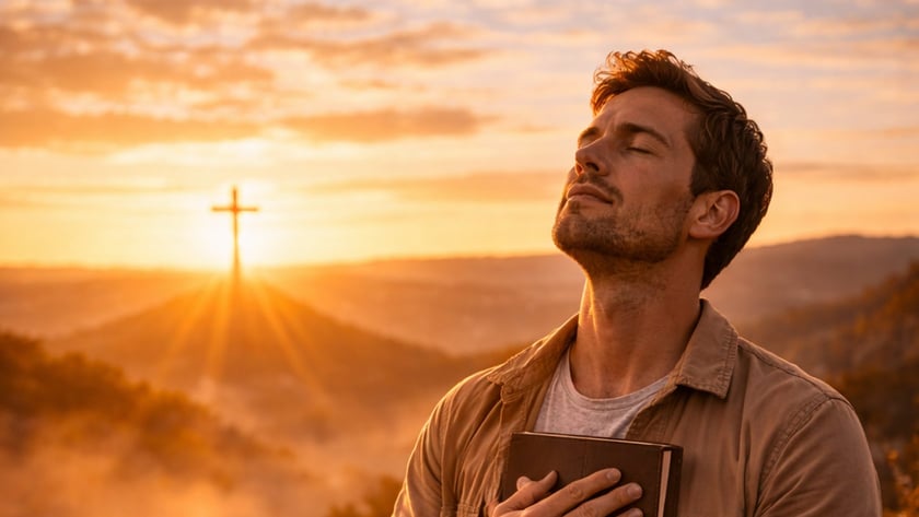 Homem de olhos fechados segura um livro junto ao peito, em um morro com uma cruz ao fundo.