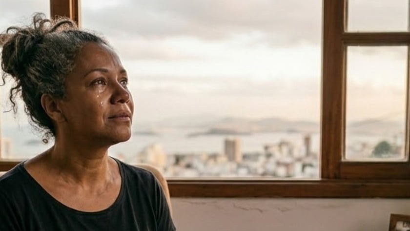 Mulher chorando em poltrona, com as mãos sobre um livro, olha pela janela.