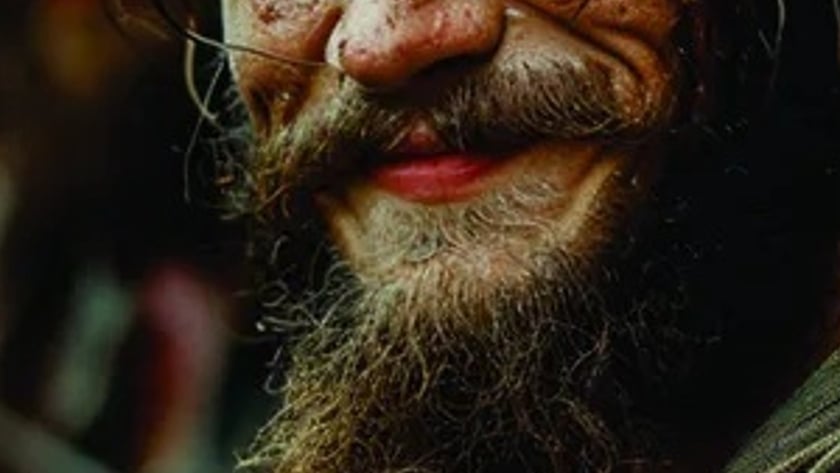 Homem barbudo com rosto sujo de lama sorri de lado, olhando para a câmera.