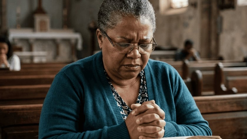 Mulher de óculos e cardigã azul reza com as mãos juntas sobre uma Bíblia aberta, em uma igreja.