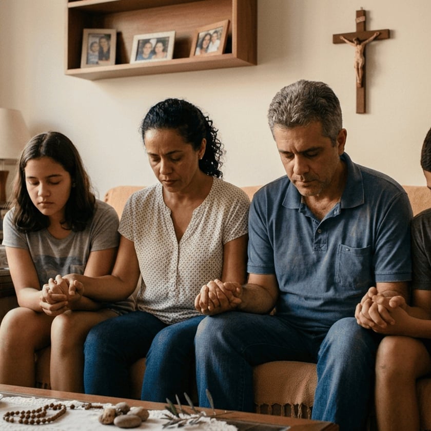 Família de quatro pessoas sentada no sofá, de mãos dadas e olhos fechados, rezando.
