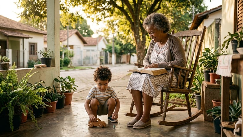 Idosa sentada em cadeira de balanço com livro no colo, ao lado de criança brincando.