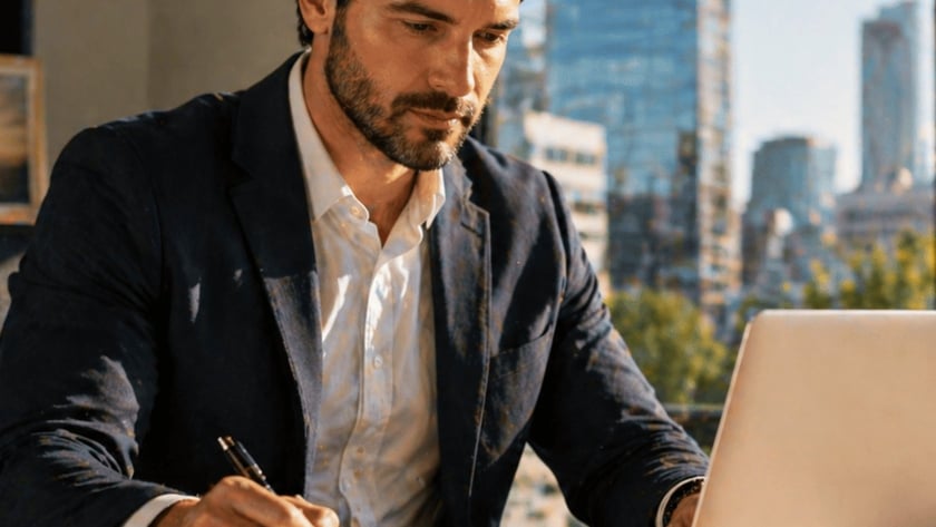 Homem de blazer escreve em caderno enquanto usa notebook, com prédios ao fundo.
