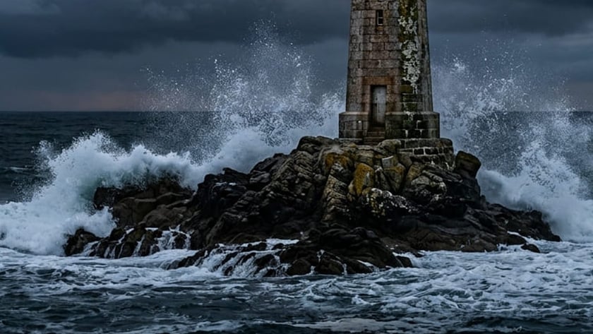 Farol de pedra aceso sobre rochedo, com ondas batendo sob nuvens escuras.