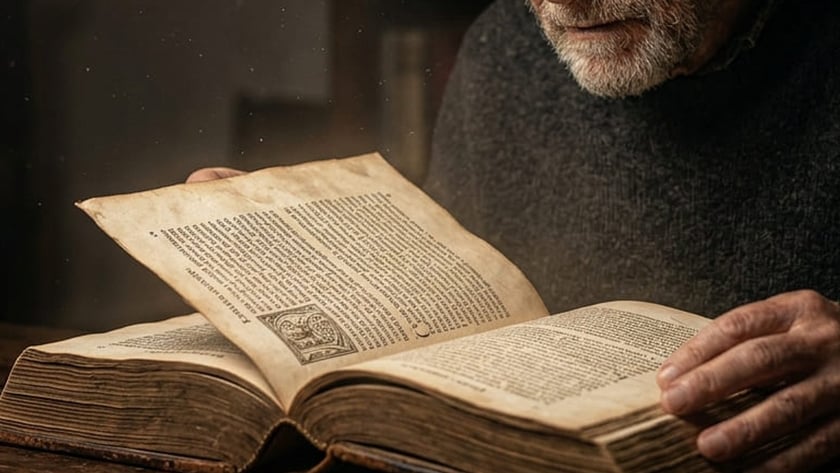 Homem idoso de barba e óculos lê um livro antigo aberto sobre uma mesa de madeira.