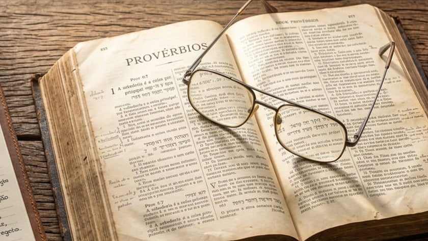 Óculos sobre Bíblia antiga aberta em "Provérbios", em mesa de madeira ao lado de uma xícara.