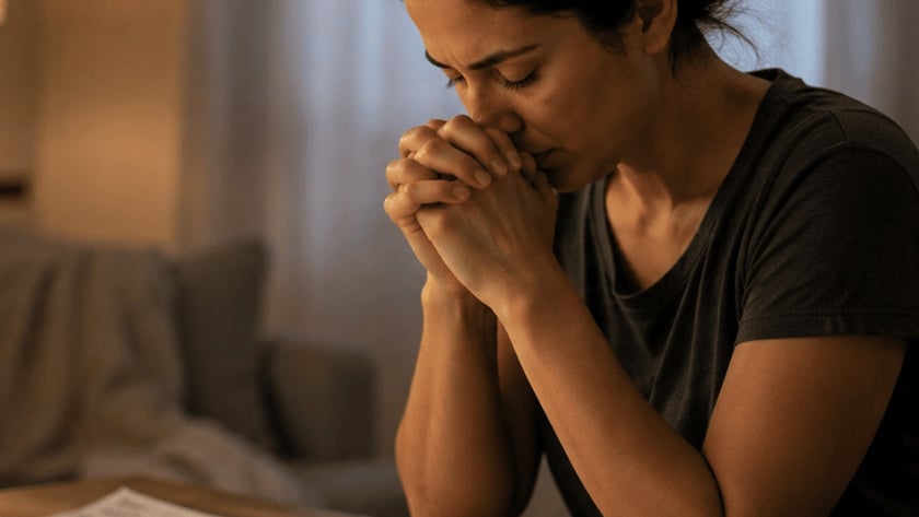 Mulher de olhos fechados e mãos unidas junto ao rosto, à mesa com papéis e calculadora.