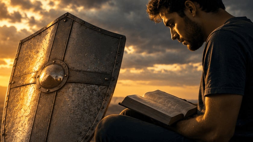 Jovem sentado em um morro lê um livro aberto ao lado de um grande escudo de metal.