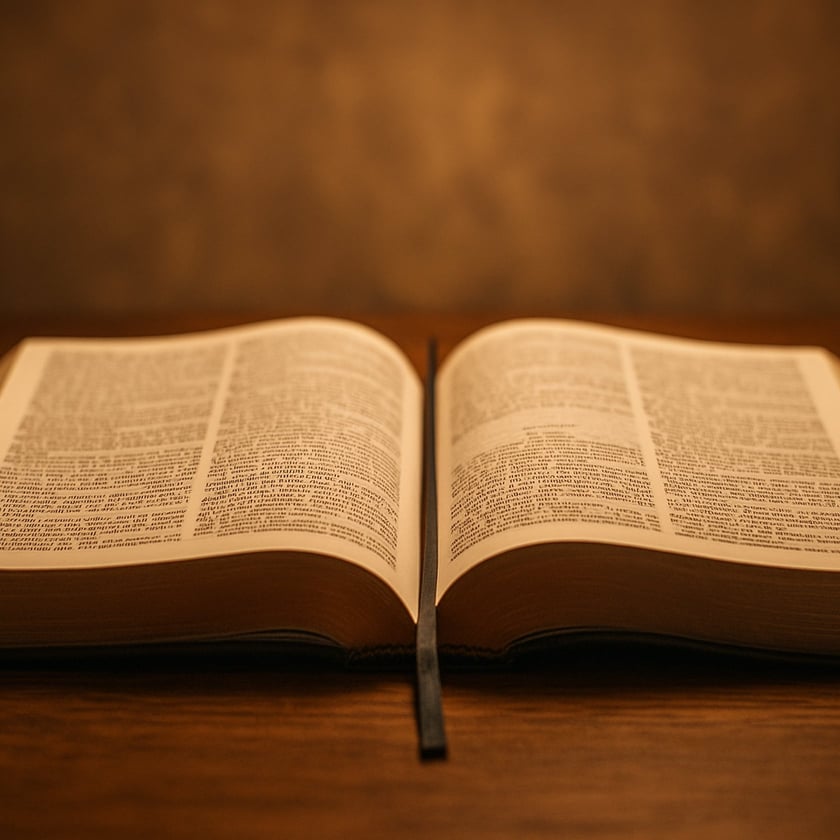 Livro grande aberto, com duas páginas de texto e uma fita marcadora, sobre mesa de madeira.