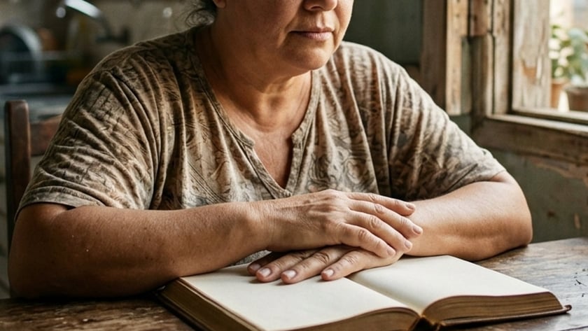 Mulher de cabelos grisalhos, de olhos fechados, com as mãos sobre um livro aberto numa mesa