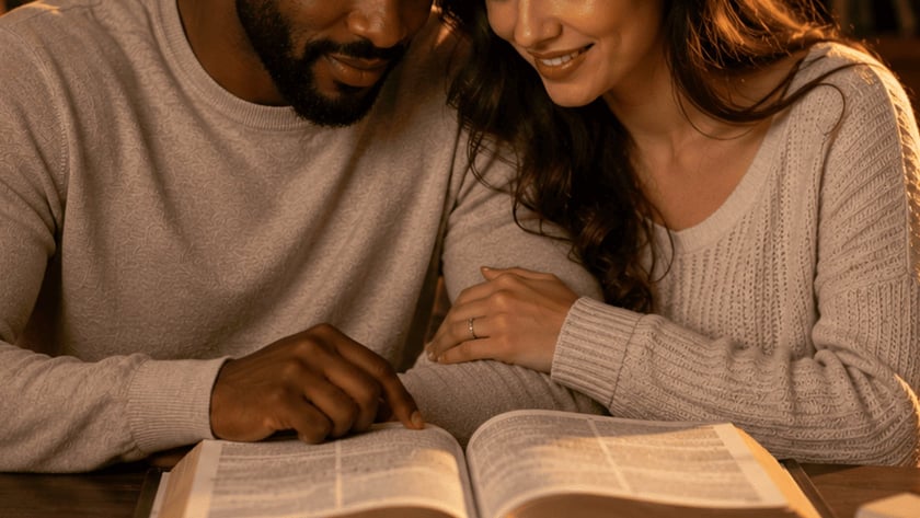 Casal sentado à mesa lê uma Bíblia aberta, com uma vela acesa ao lado.