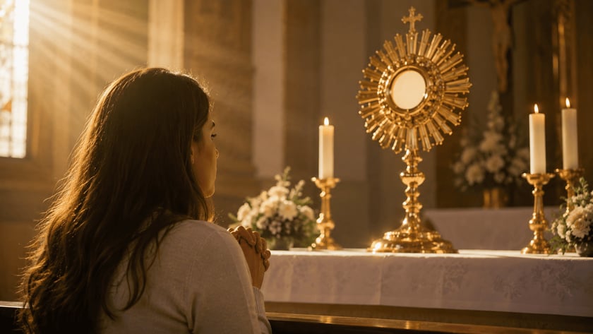Mulher de cabelos castanhos reza de mãos juntas diante de um ostensório dourado no altar.