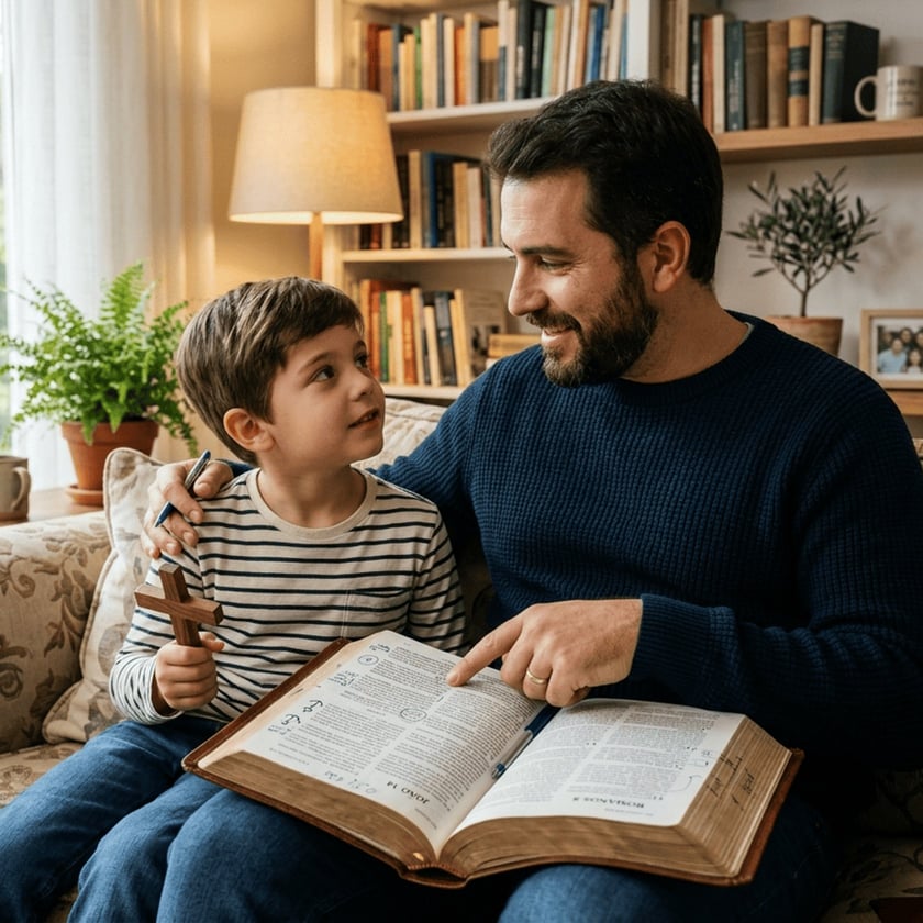 Pai e filho sentados no sofá, com uma Bíblia aberta no colo e uma cruz de madeira.