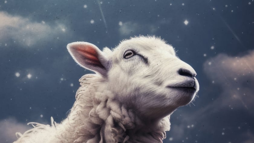 Ovelha branca de lã espessa ergue o focinho para um céu noturno com estrelas e nuvens.