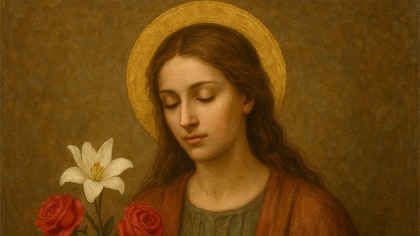 Mulher com auréola dourada segura flores e uma cesta de maçãs.