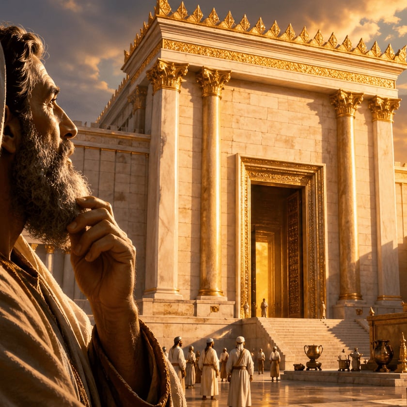 Homem barbudo de perfil observa um grande templo de mármore e ouro, com sacerdotes no pátio.