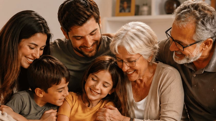 Família de três gerações sentada junta em um sofá, sorrindo e abraçando duas crianças na sala.