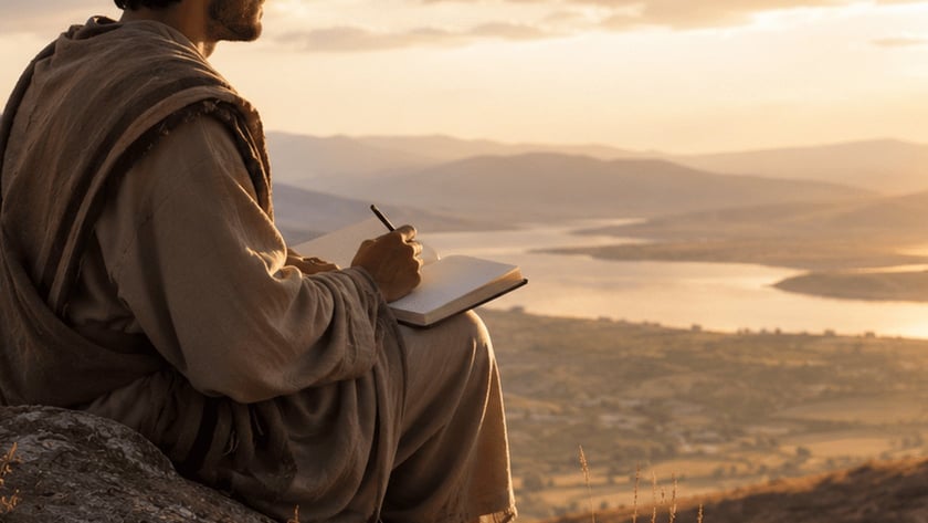 Homem de túnica e manto sentado numa rocha, escrevendo num caderno diante de um vale com rio.