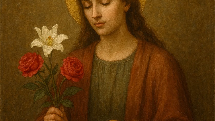 Mulher com auréola dourada segura flores e uma cesta de maçãs.