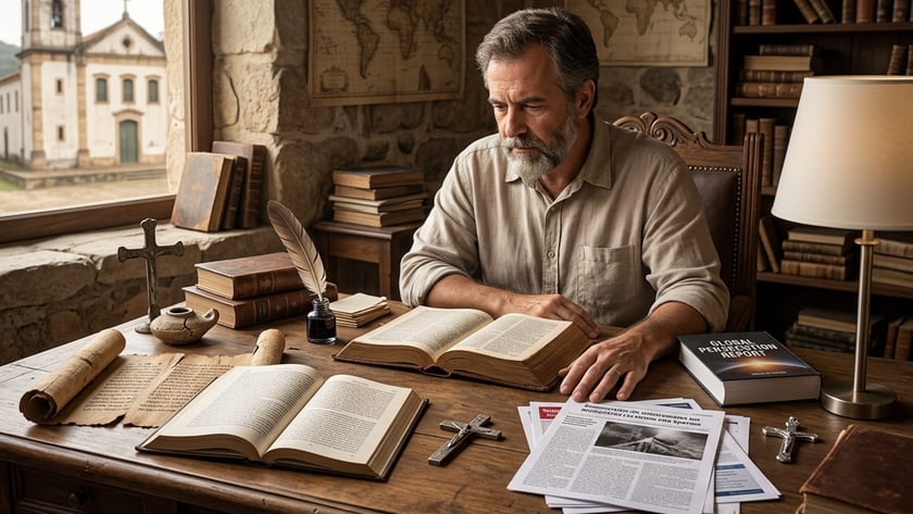 Homem barbudo lê livro à mesa com pergaminhos, crucifixos e mapas, perto de janela com igreja.