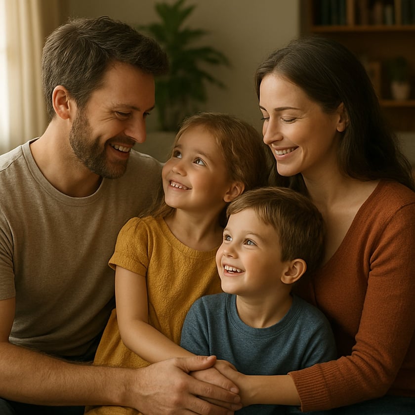 Pai, mãe, menina e menino sorrindo juntos em um sofá na sala de casa.