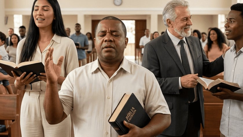 Fiéis em uma igreja cantam e oram segurando Bíblias; um senhor conversa com um jovem.