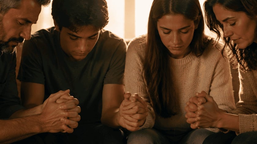 Quatro pessoas sentadas de cabeça baixa, com as mãos unidas, rezam diante de uma Bíblia aberta.
