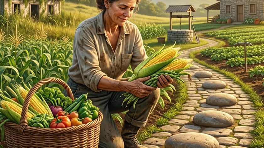 Mulher agachada colhe milho e vagens perto de uma cesta cheia de legumes.