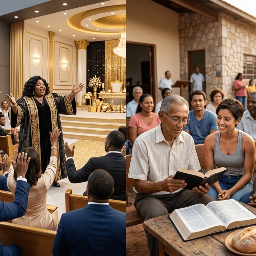 Pregadora de manto dourado em templo luxuoso, ao lado de grupo lendo a Bíblia ao ar livre.