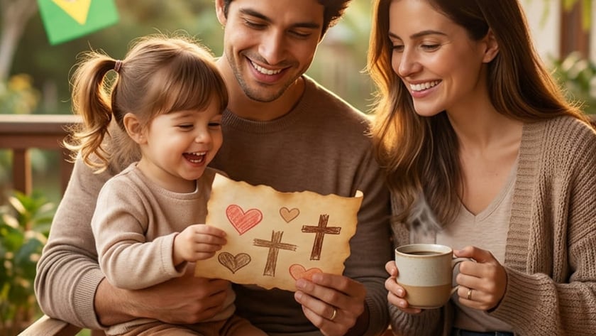 Casal sorri com criança no colo segurando desenho de corações e cruzes numa varanda.