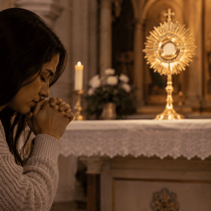 Mulher de cabelo escuro reza com as mãos juntas diante de um ostensório dourado no altar.