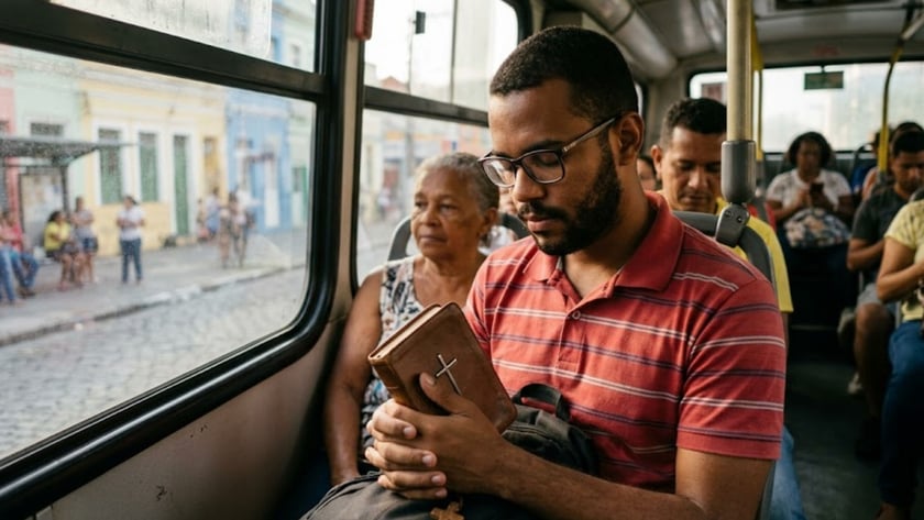 Homem de óculos segura uma Bíblia com cruz dentro de um ônibus, ao lado de uma senhora.