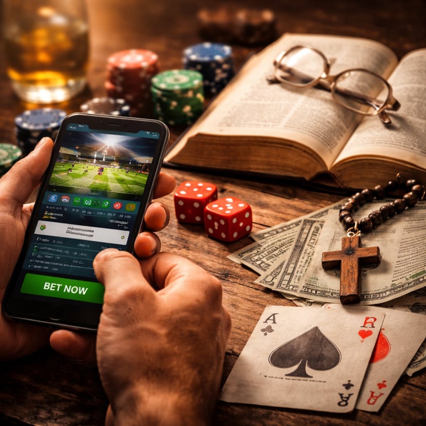 Mãos seguram celular com aplicativo de apostas, cercado por fichas, dados, cartas, dinheiro