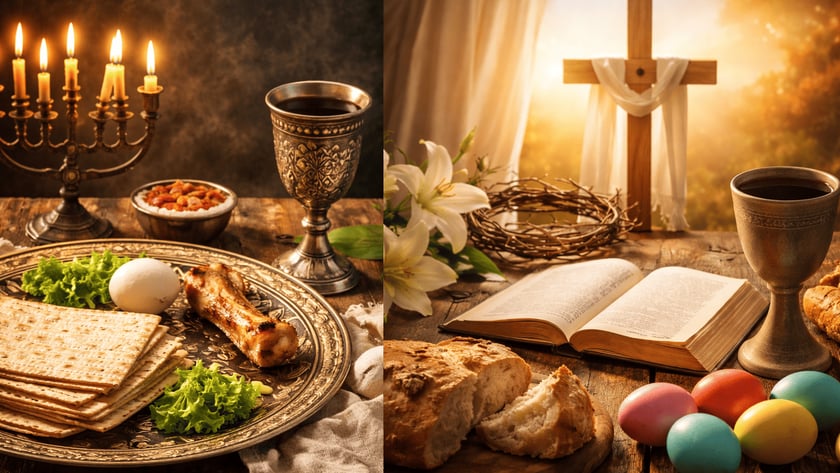 Mesa de Pessach com matzá e cálice, ao lado de cruz, lírios, Bíblia e pão.