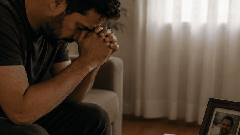 Homem sentado no sofá com as mãos unidas junto ao rosto, diante de um porta-retrato.