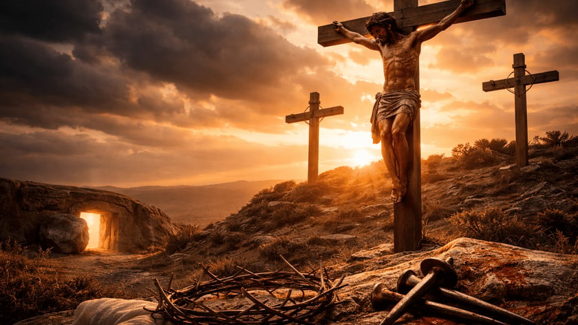 Homem crucificado em uma cruz de madeira numa colina, com duas outras cruzes ao fundo.