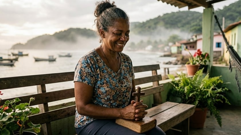 Mulher sorrindo, sentada num banco de madeira, segura uma cruz e uma Bíblia junto ao mar.