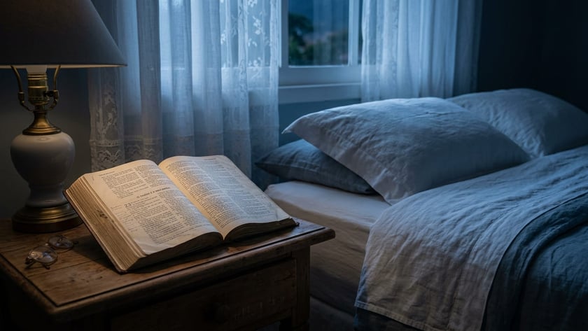 Bíblia aberta sobre mesa de cabeceira de madeira, ao lado de cama com travesseiros