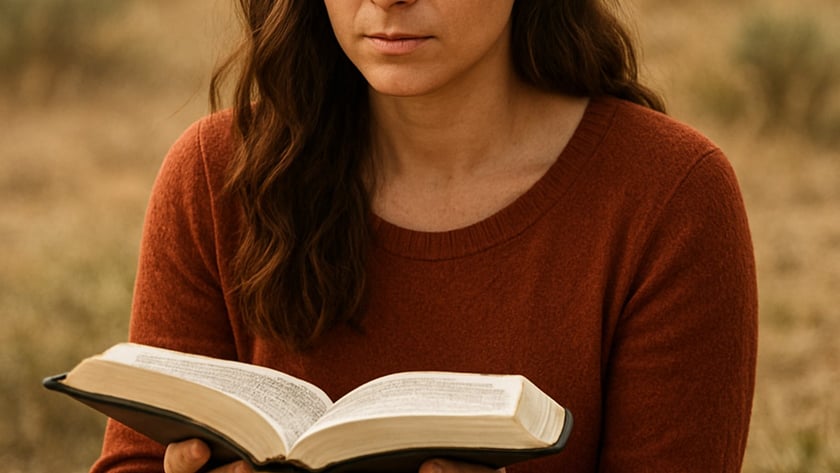 Mulher de cabelo castanho e suéter vermelho segura um livro aberto ao ar livre.