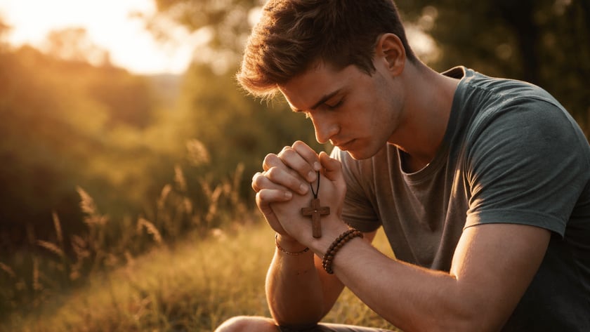 Jovem sentado na grama, de olhos fechados, com as mãos postas segurando uma cruz de madeira.