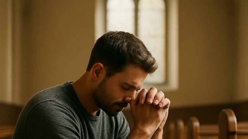 Homem de barba com as mãos unidas junto ao rosto, rezando sentado em um banco de igreja.