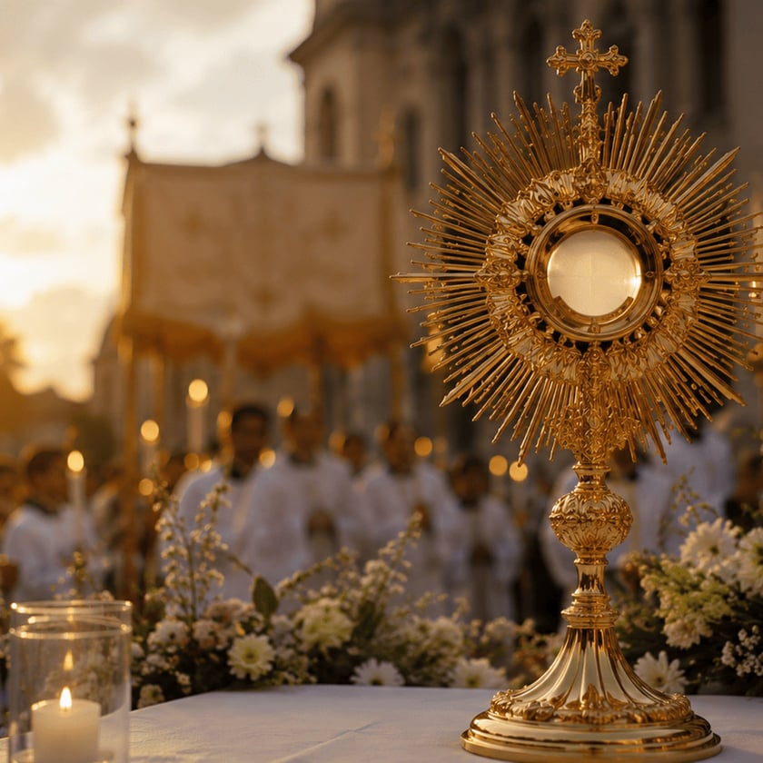 Custódia dourada sobre mesa com velas e flores, diante de uma procissão de pessoas de branco.