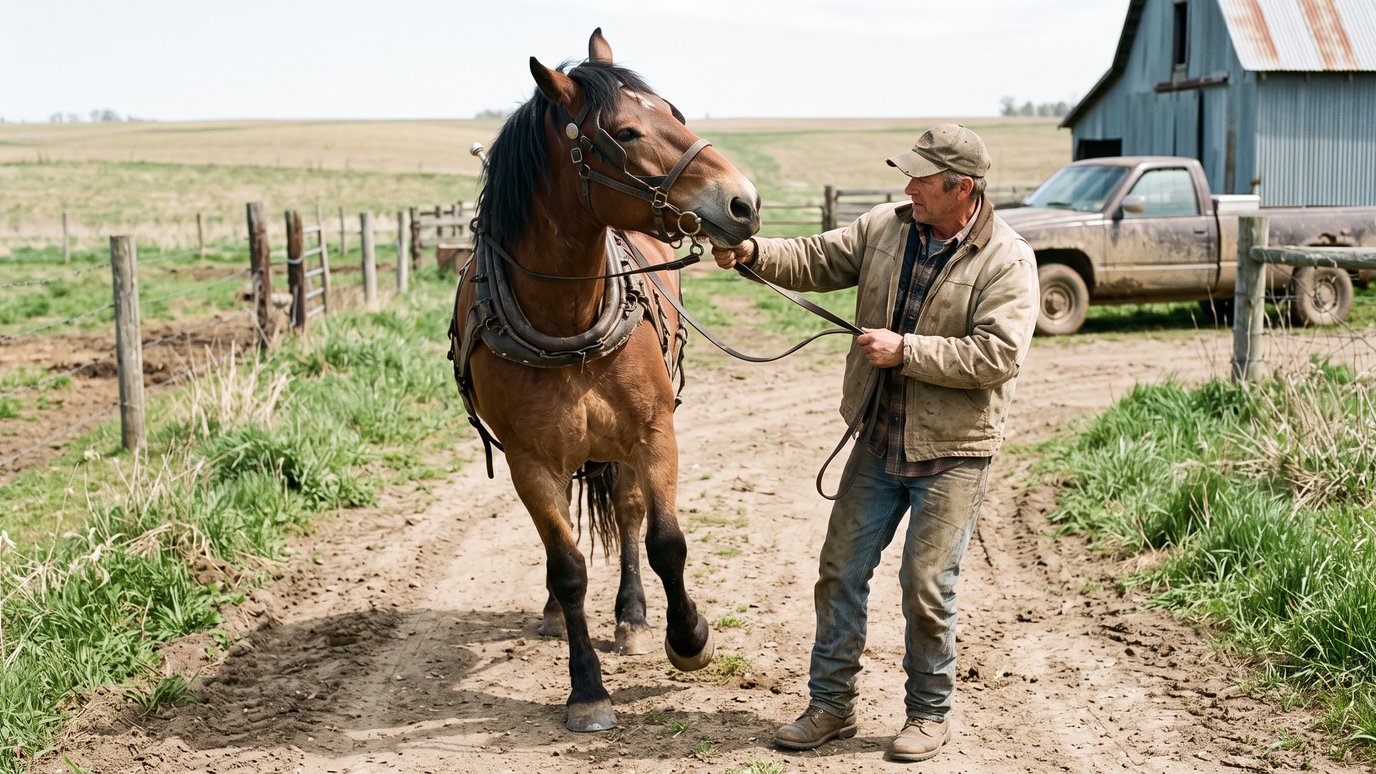 Homem de boné conduz um cavalo marrom com arreios por uma estrada de terra numa fazenda.