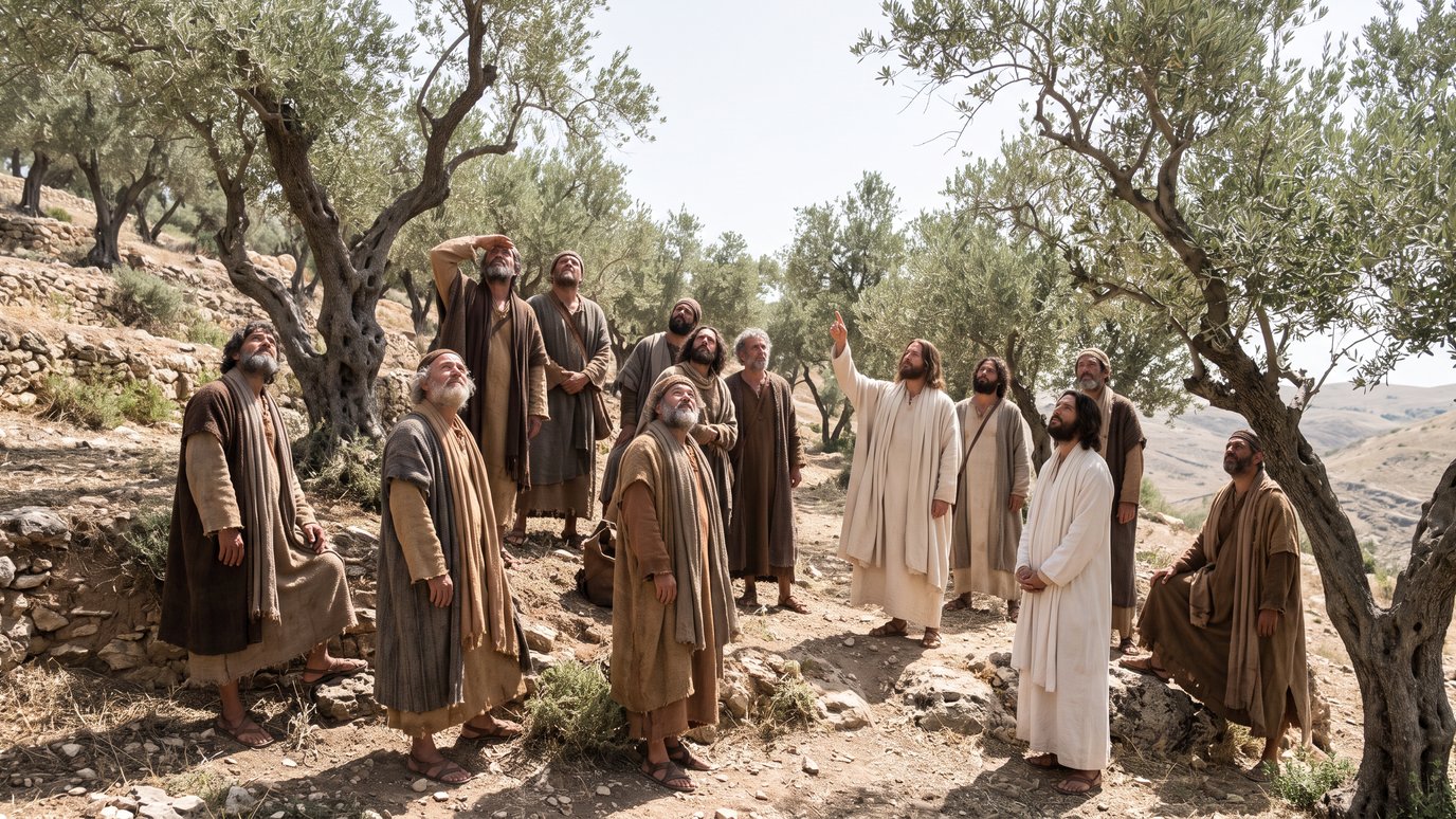 Grupo de homens de túnicas olha para o céu em meio a oliveiras numa encosta rochosa.