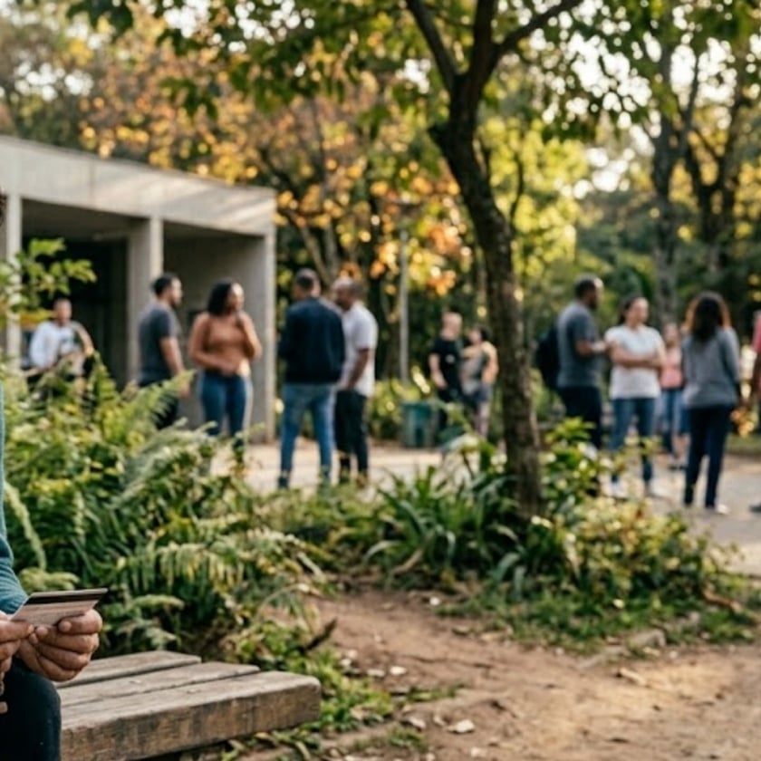 Pessoa sentada num banco segura um cartão enquanto grupos conversam em pé num parque.