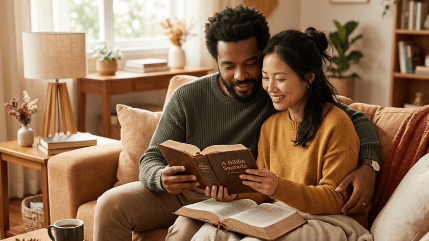 Casal no sofá lendo juntos um livro: "A Bíblia Sagrada".
