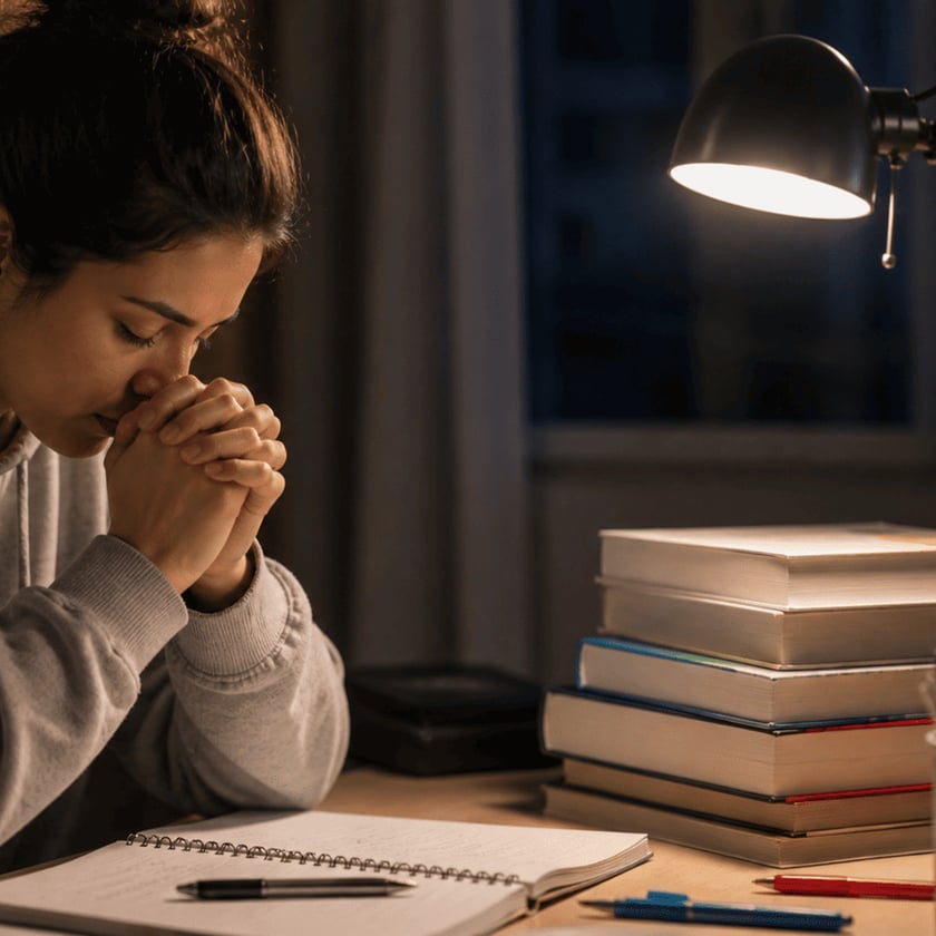 Mulher de moletom cinza, de olhos fechados e mãos unidas junto ao rosto, à mesa com livros.